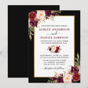 Convite Casamento Dourado de quadro negro borgonha