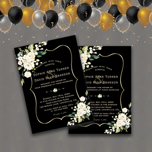 Convite Casamento Dourado de Quadro Negro das Flores Branc (trendy elegant modern white floral black gold wedding invitation)