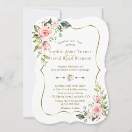 Convite Casamento Dourado de Quadros com Flores Rosa Charm