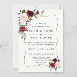 Convite Casamento Dourado de Quadros de Flores Rosa Elegan