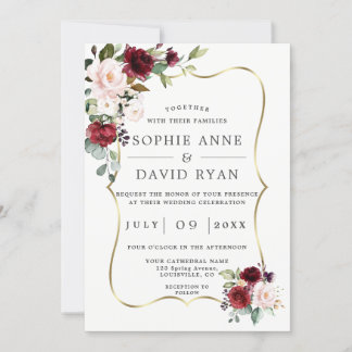 Convite Casamento Dourado de Quadros de Flores Rosa Elegan