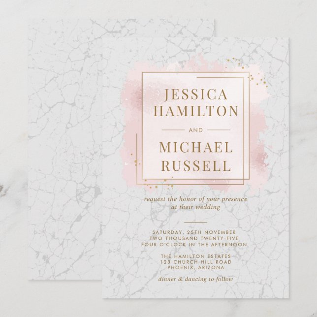 Convite Casamento Dourado de quadros de mármore branco e e (Frente/Verso)
