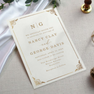 Convite Casamento Dourado de Quadros do Monograma Clássico