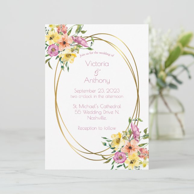 Convite Casamento Dourado de Quadros Moderno e Floral Rosa (Em pé/Frente)