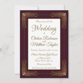 Convite Casamento Dourado de rendas Elegante Burgundy