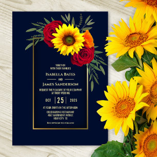 Convite Casamento Dourado de Rosa vermelha de girassol Ele