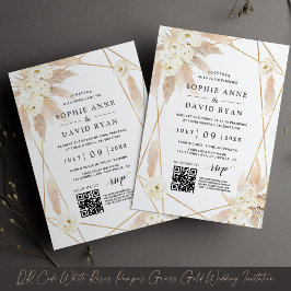 Convite Casamento Dourado de Rosas Brancas Pampas Grass