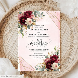 Convite Casamento Dourado de Rosas com vermelho escuro Bo