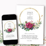 Convite Casamento Dourado de rosas vermelhas e Eucalyptus<br><div class="desc">Convite de casamento de rosa vermelha com rosas vermelhas de aquarela, folhas de eucalipto e um quadro redondo geométrico dourado. O modelo está pronto para que você adicione seus detalhes de convite da frente, assim como as iniciais da noiva e do monograma do noivo no verso. Tema floral botânico com...</div>