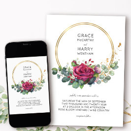 Convite Casamento Dourado de rosas vermelhas e Eucalyptus