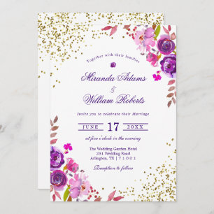 Convite Casamento Dourado de Roxo Moderno Elegante