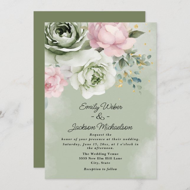 Convite Casamento Dourado de Sage Green Roses Pink (Frente/Verso)