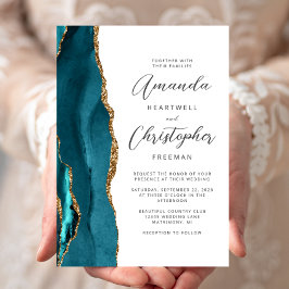 Convite Casamento Dourado de Script Azul de Agate Teal
