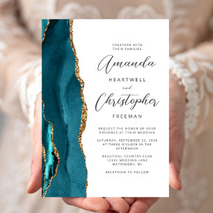 Convite Casamento Dourado de Script Azul de Agate Teal