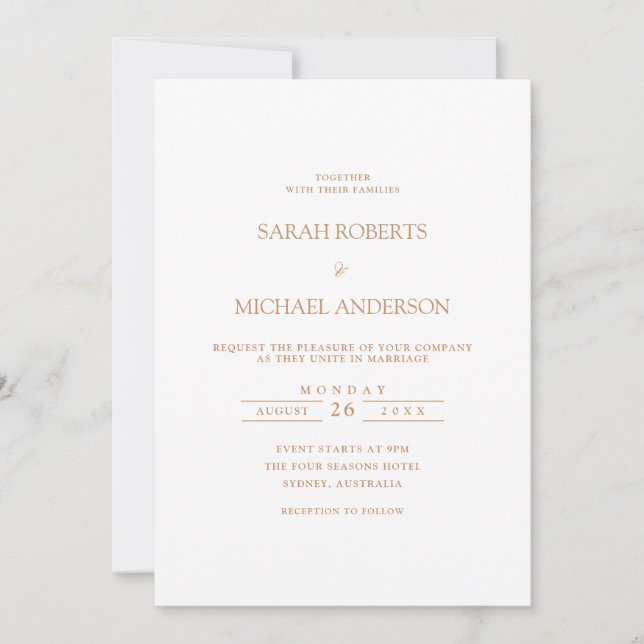 Convite Casamento Dourado de Script Branco Mínimo Moderno (Frente)