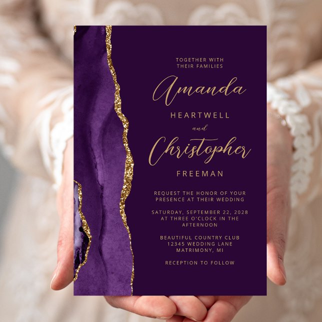 Convite Casamento Dourado de Script Moderno de Agato Roxo (Criador carregado)