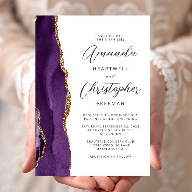 Convite Casamento Dourado de Script Moderno de Agato Roxo (Criador carregado)
