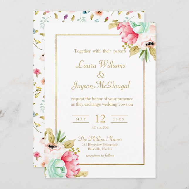 Convite Casamento Dourado de Script Pastel Pastel (Frente/Verso)