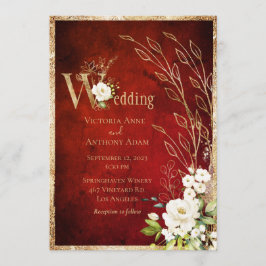 Convite Casamento Dourado de Script Russo Floral Vermelho