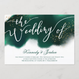 Convite Casamento Dourado de Script Verde Moderno Emerald