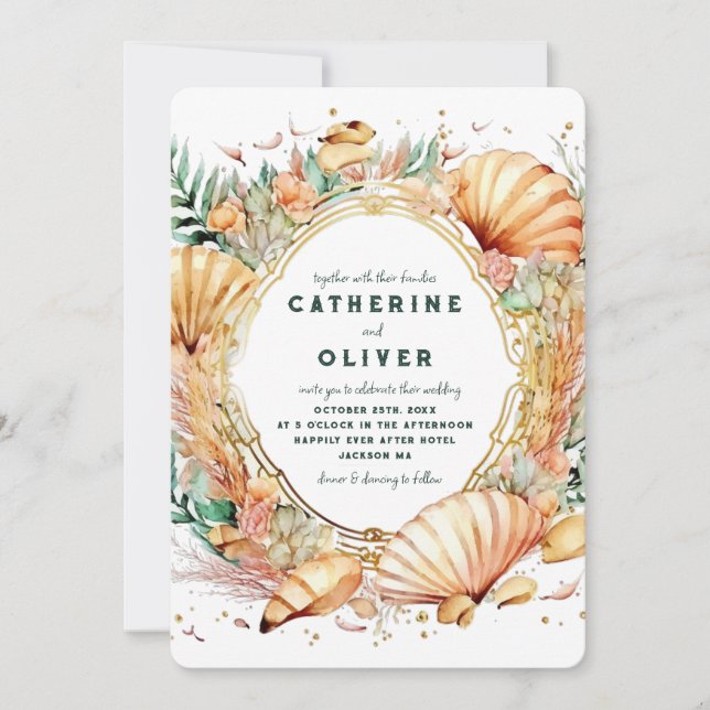Convite Casamento Dourado de Seashell Ocean Summer Beach (Frente)