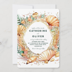 Convite Casamento Dourado de Seashell Ocean Summer Beach