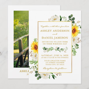 Convite Casamento Dourado de Sunflower Floral de Watercolo