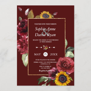 Convite Casamento Dourado de Sunflower Real Burgundy