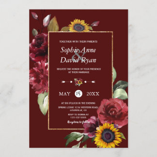 Convite Casamento Dourado de Sunflower Real Burgundy