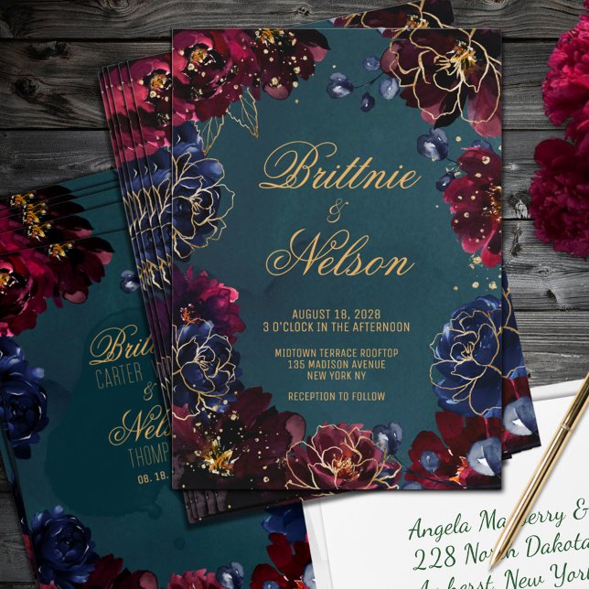 Convite Casamento Dourado de Teal Bordeaux Sapphire Jewel  (Teal Bordeaux Sapphire Jewel Tone Gold Wedding Invitation)