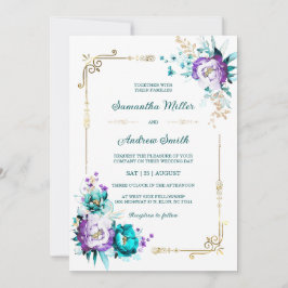 Convite Casamento Dourado de Teal e Roxo Editável