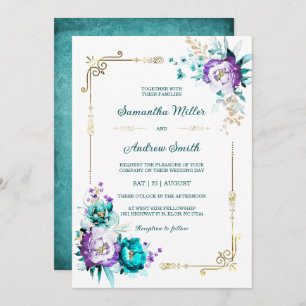 Convite Casamento Dourado de Teal e Roxo Editável