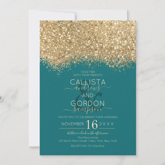 Convite Casamento Dourado de Teal Glitter Confetti, modern (Frente)