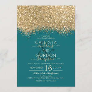 Convite Casamento Dourado de Teal Glitter Confetti, modern
