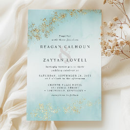 Convite Casamento Dourado de Teal Mist Watercolor