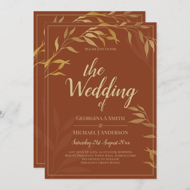 Convite Casamento DOURADO de Terracotta Rustic All-in-1 (Frente/Verso)