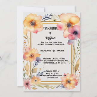 Convite Casamento Dourado de Trim com Aquarela de Flor Pre