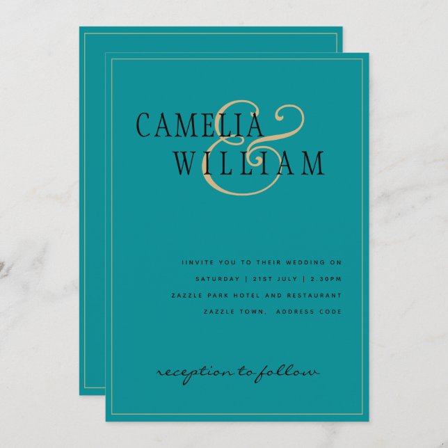 Convite Casamento Dourado de Turquoise Clássica eterno Sea (Frente/Verso)