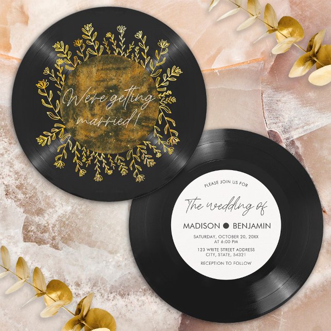 Convite Casamento Dourado de Vinilo de Vinho Selvagem, Vír (Front/Back)