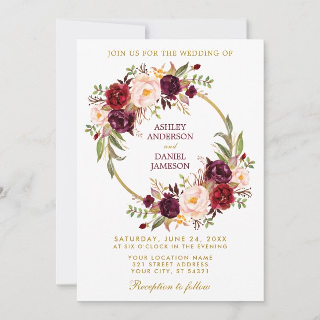 Convite Casamento Dourado de Watercolor Burgundy Floral Wr (Frente)