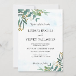 Convite Casamento Dourado de Watercolor Eucalyptus Greener