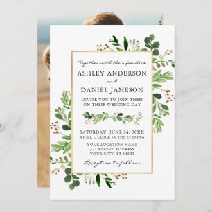 Convite Casamento Dourado de Watercolor Greenery Eucalyptu