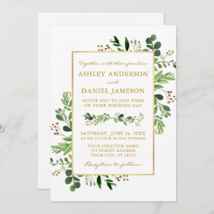 Convite Casamento Dourado de Watercolor Greenery Eucalyptu