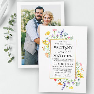 Convite Casamento Dourado de Watercolor Wildflower