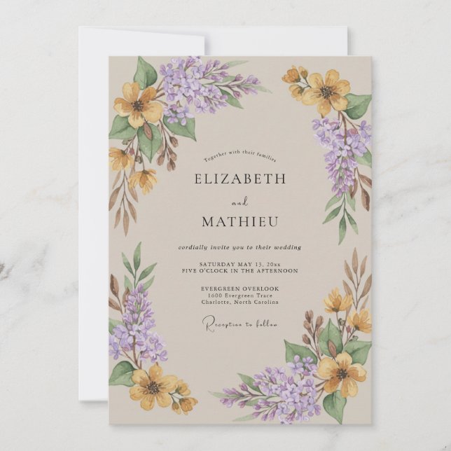 Convite Casamento Dourado de Wisteria de Ámbar (Frente)
