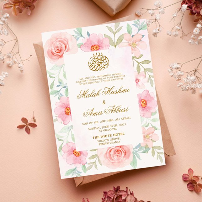 Convite Casamento Dourado-Design islâmico Pêssego e Rosa (Criador carregado)