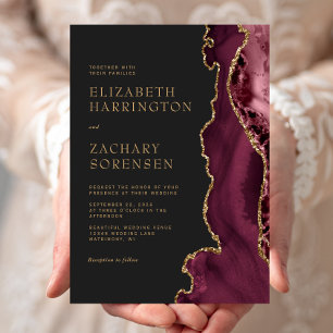 Convite Casamento Dourado do Agroz Elegante Moody Burgundy