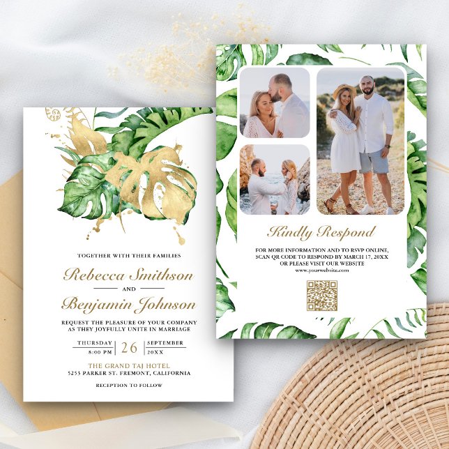 Convite Casamento Dourado do Código QR de Palma Tropical d (Criador carregado)