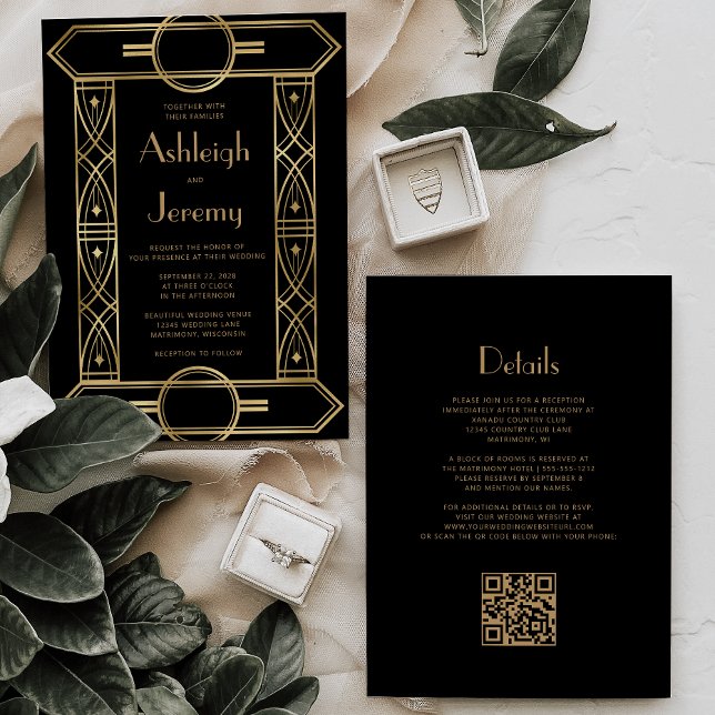 Convite Casamento Dourado do Código QR Preto do Deco da Vi (Criador carregado)