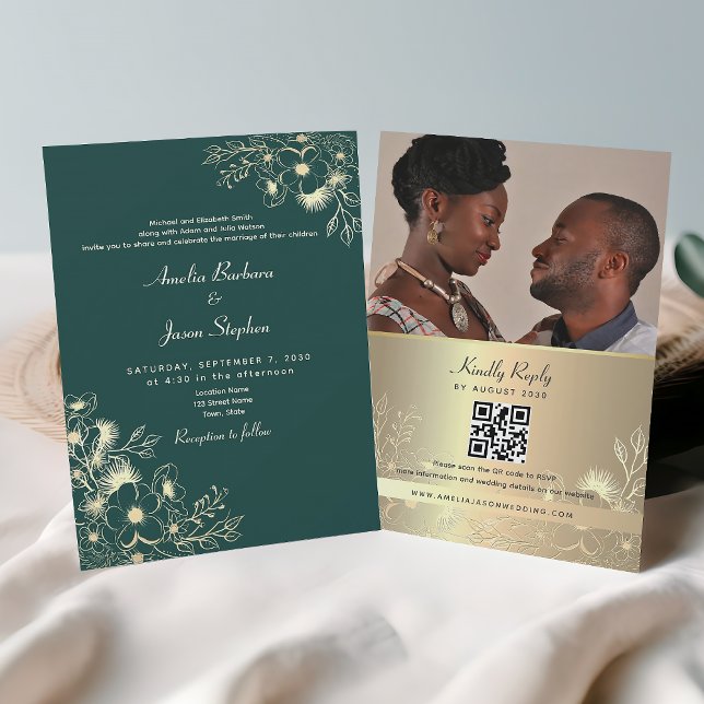 Convite Casamento Dourado do Código QR Verde Emerald (Criador carregado)
